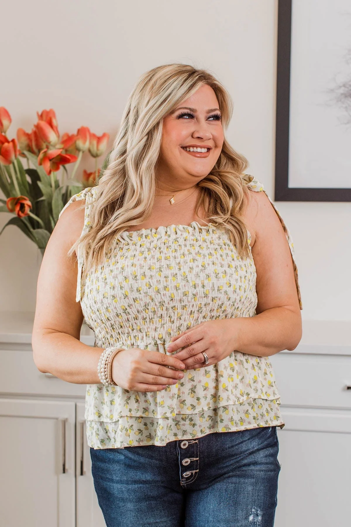 Lemon Drop Tie Strap Tank Top- Ivory