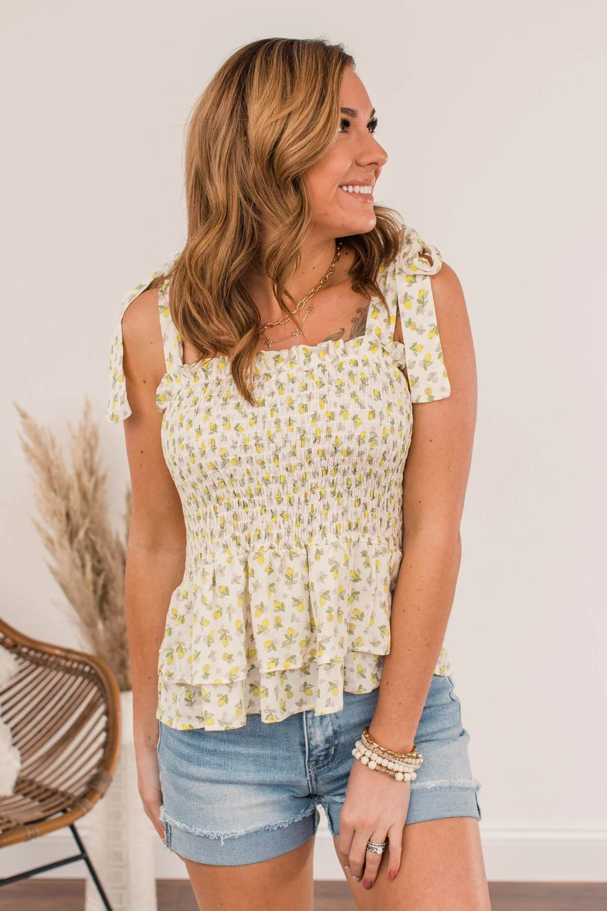 Lemon Drop Tie Strap Tank Top- Ivory - Image 6