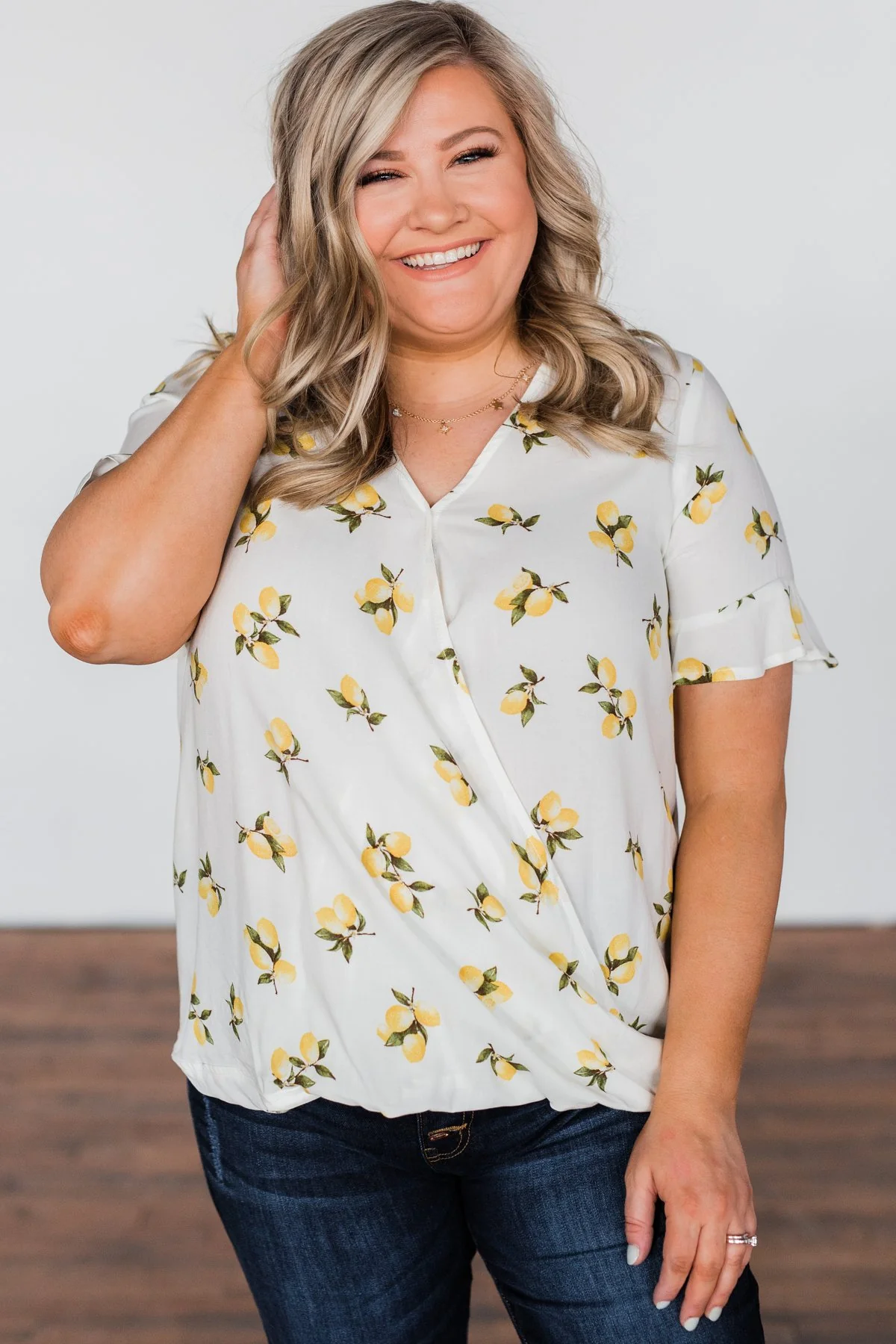 Lemon Print V-Neck Wrap Top- Ivory - Image 3