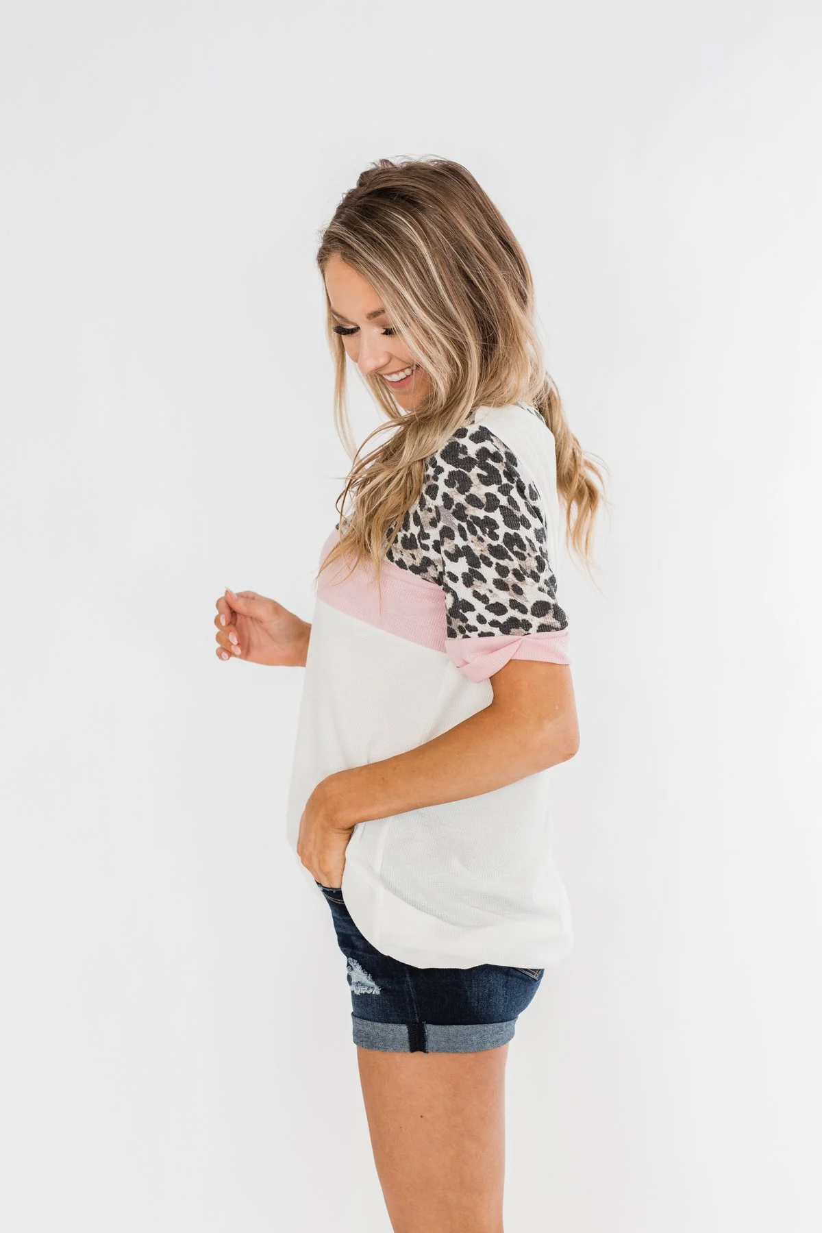 Leopard Color Block Thermal Knit Top- Ivory & Pink - Image 5