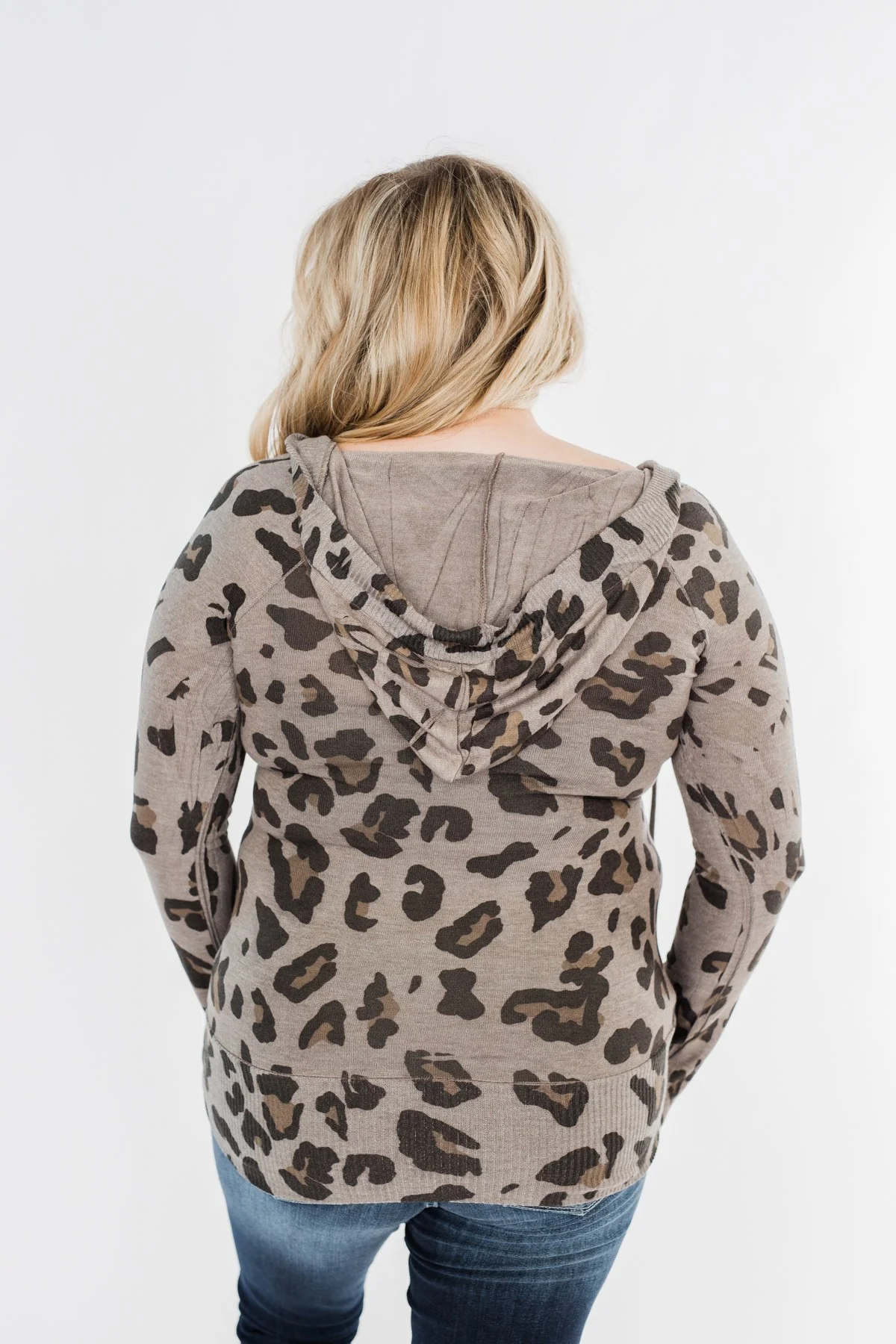 Leopard Knit V-Neck Hoodie- Stone - Image 12