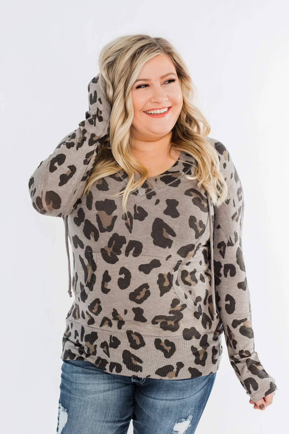 Leopard Knit V-Neck Hoodie- Stone - Image 6