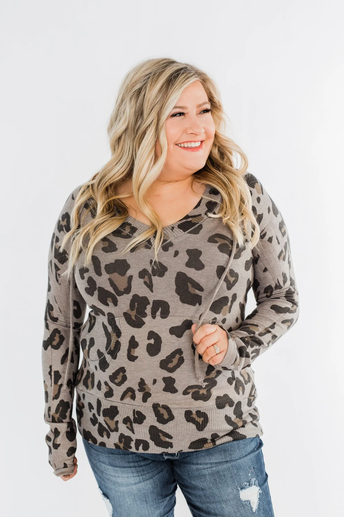 Leopard Knit V-Neck Hoodie- Stone - Image 8