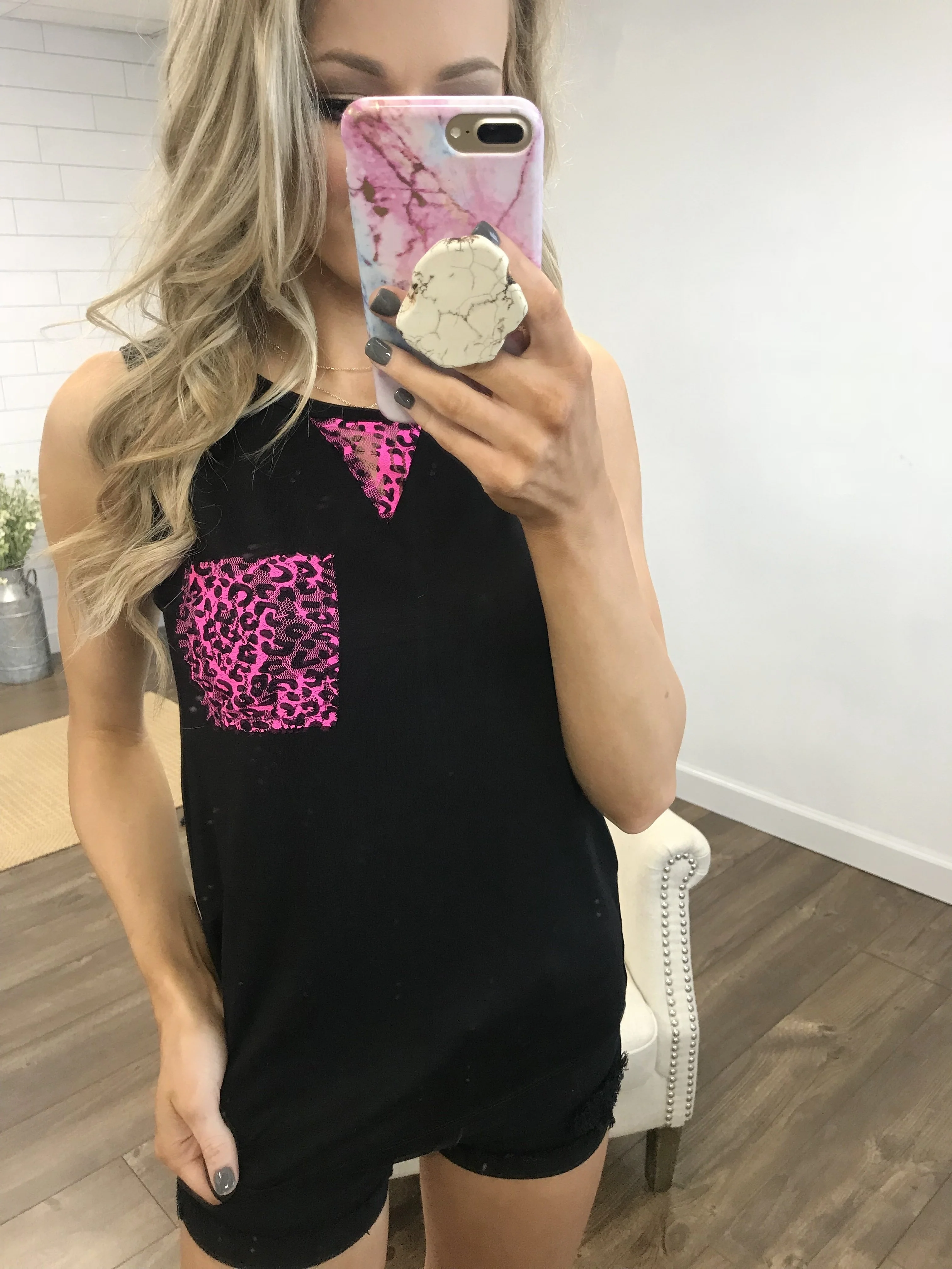 Leopard Lace Back Pocket Tank- Hot Pink