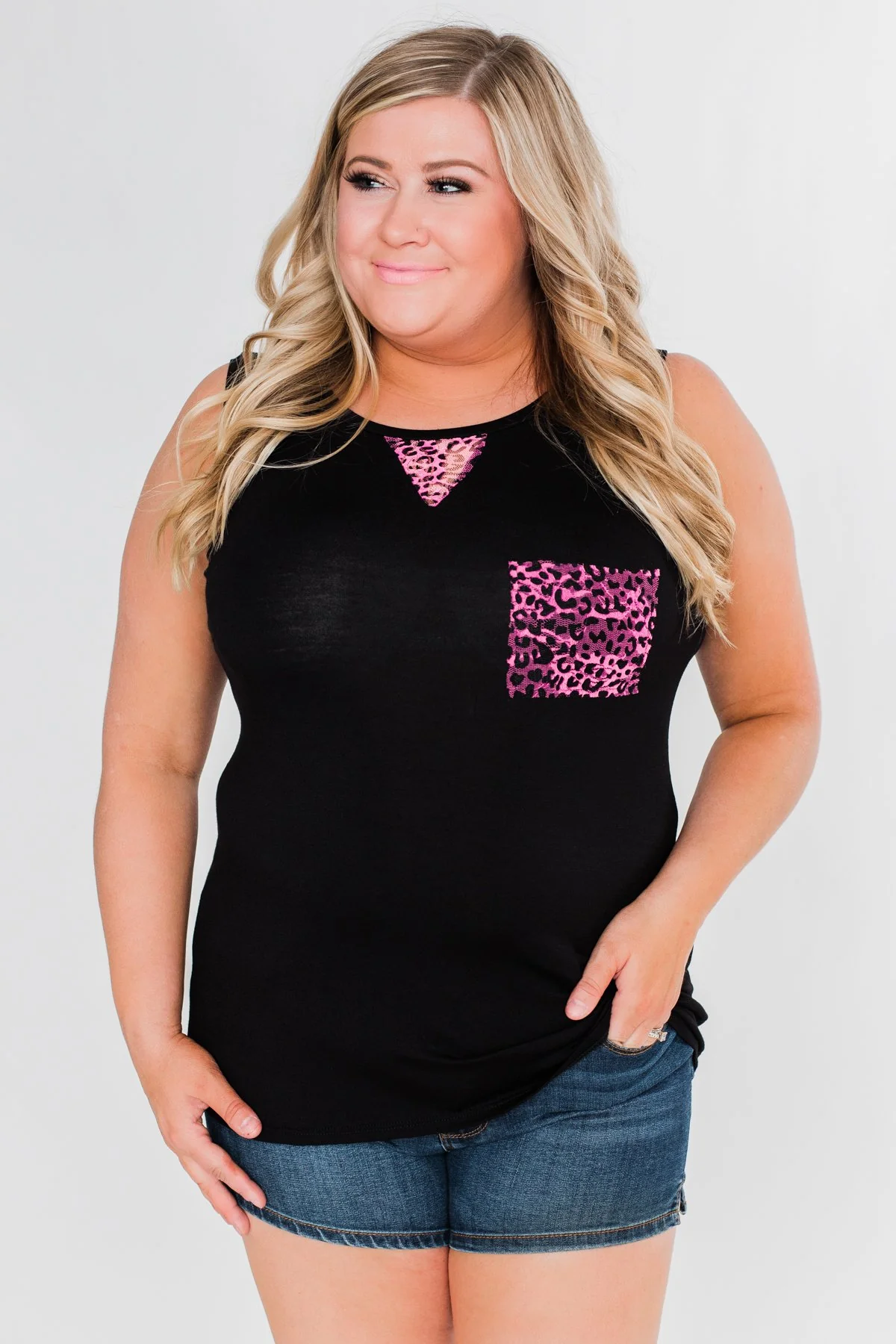 Leopard Lace Back Pocket Tank- Pink - Image 2