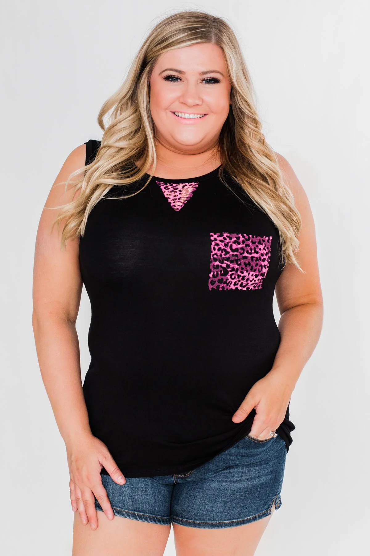 Leopard Lace Back Pocket Tank- Pink - Image 9
