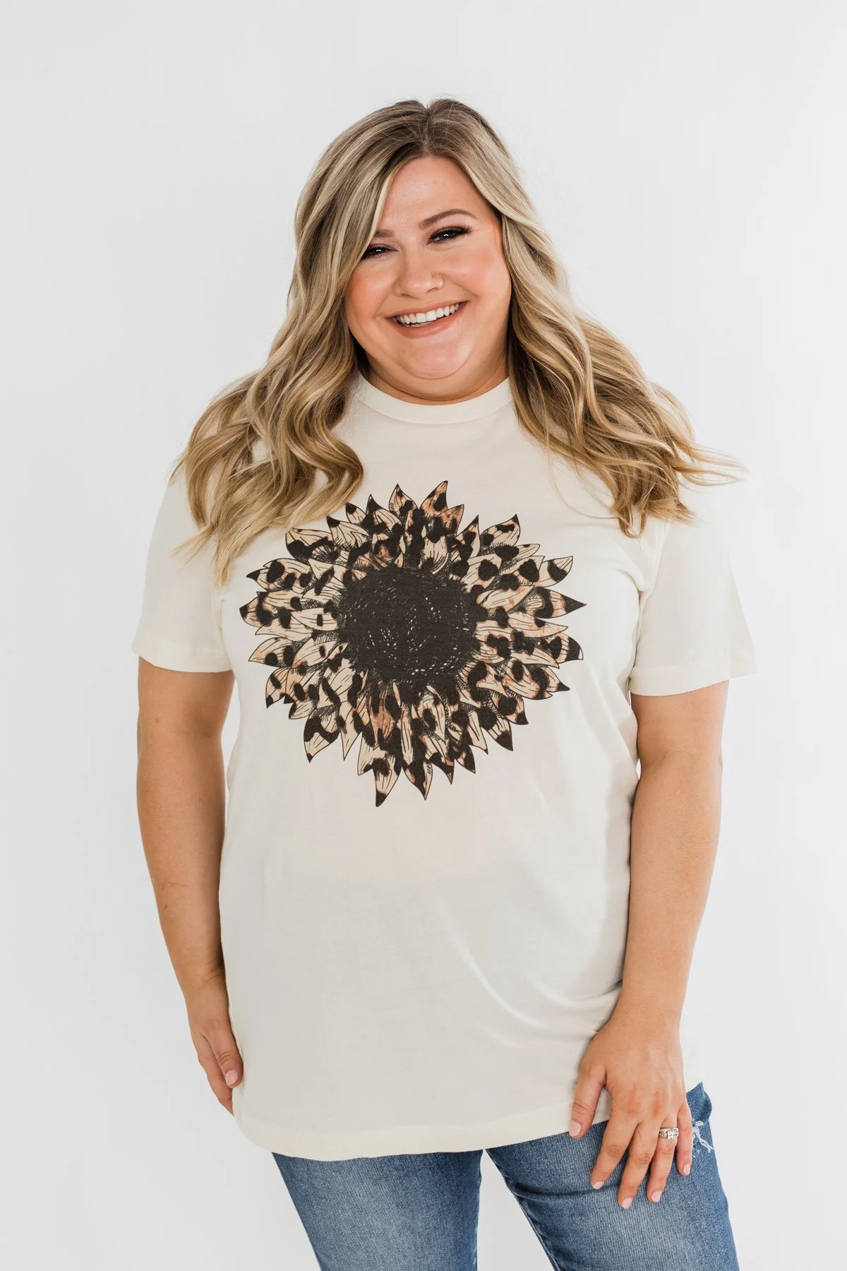 Leopard Print Sunflower Graphic Tee- Cream - Image 5