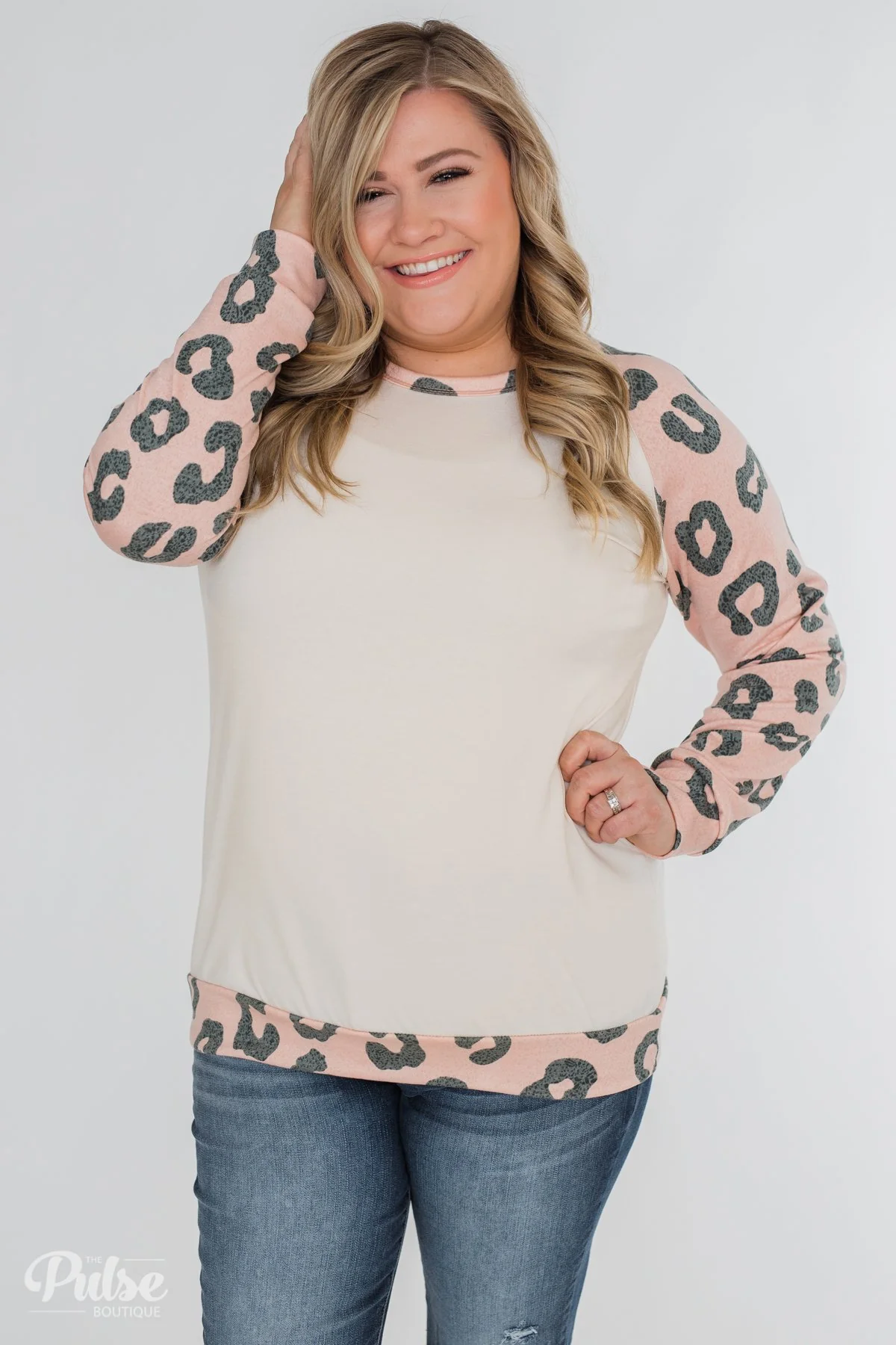 Leopard Raglan Long Sleeve Top- Blush Pink - Image 2