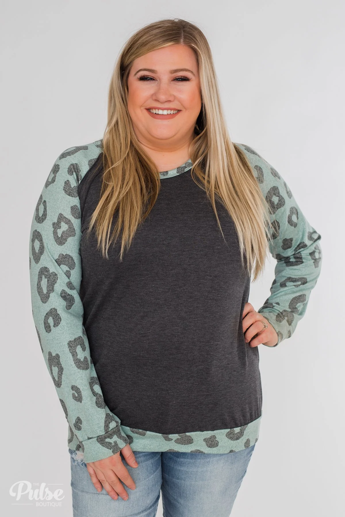Leopard Raglan Long Sleeve Top- Soft Teal - Image 10