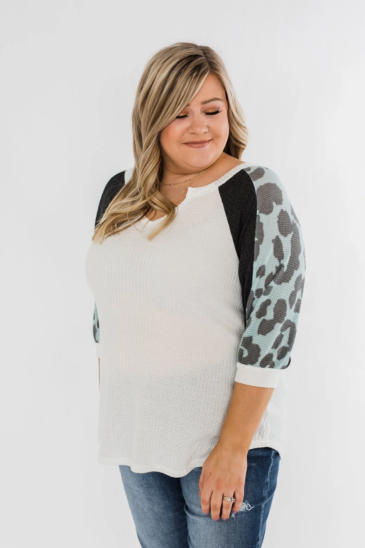 Leopard Sleeve Waffle Notch Top- Ivory, Charcoal, Blue - Image 8