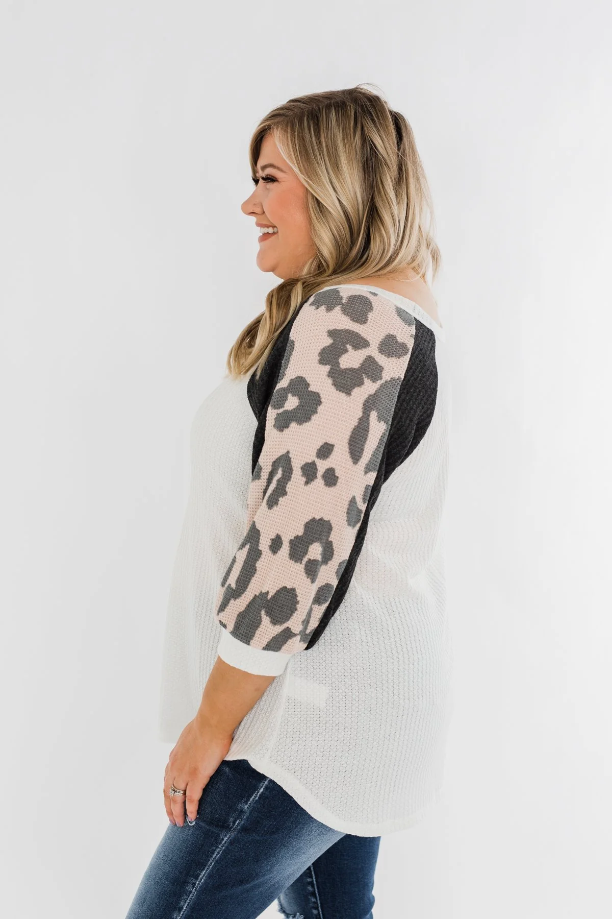 Leopard Sleeve Waffle Notch Top- Ivory, Charcoal, Blush - Image 10
