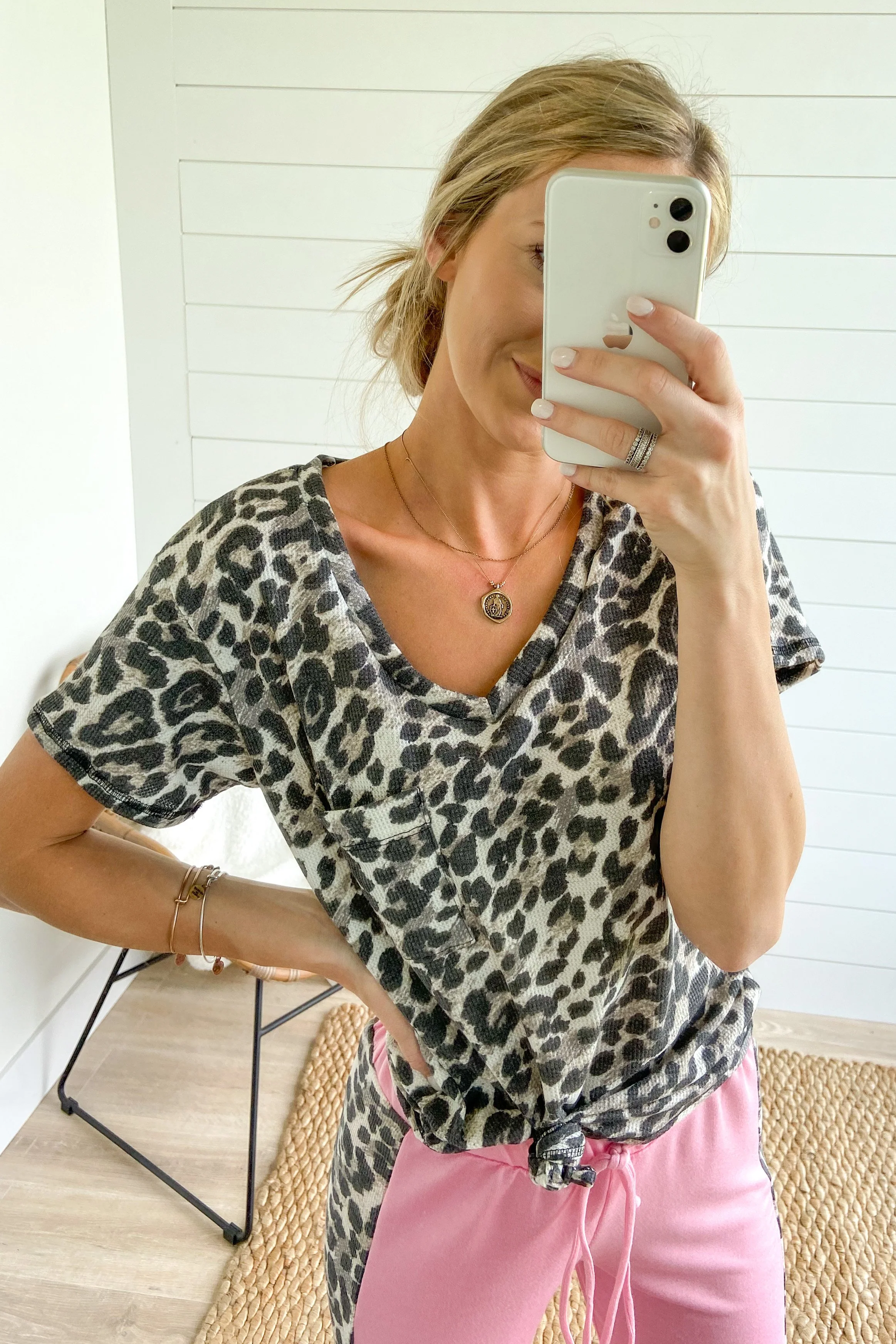 Leopard V-Neck Pocket Top- Taupe - Image 2