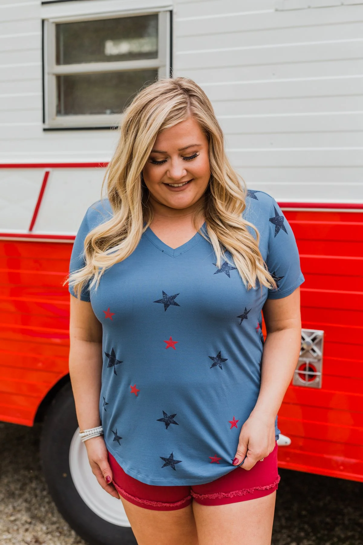 Let Freedom Ring Star V-Neck Top- Light Navy - Image 9