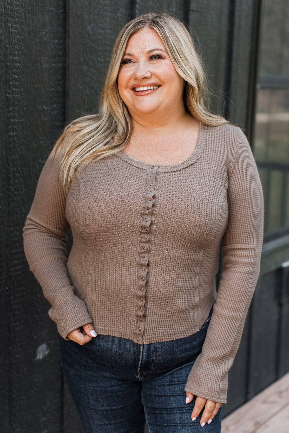 Let’s Unwind Long Sleeve Waffle Top- Light Mocha