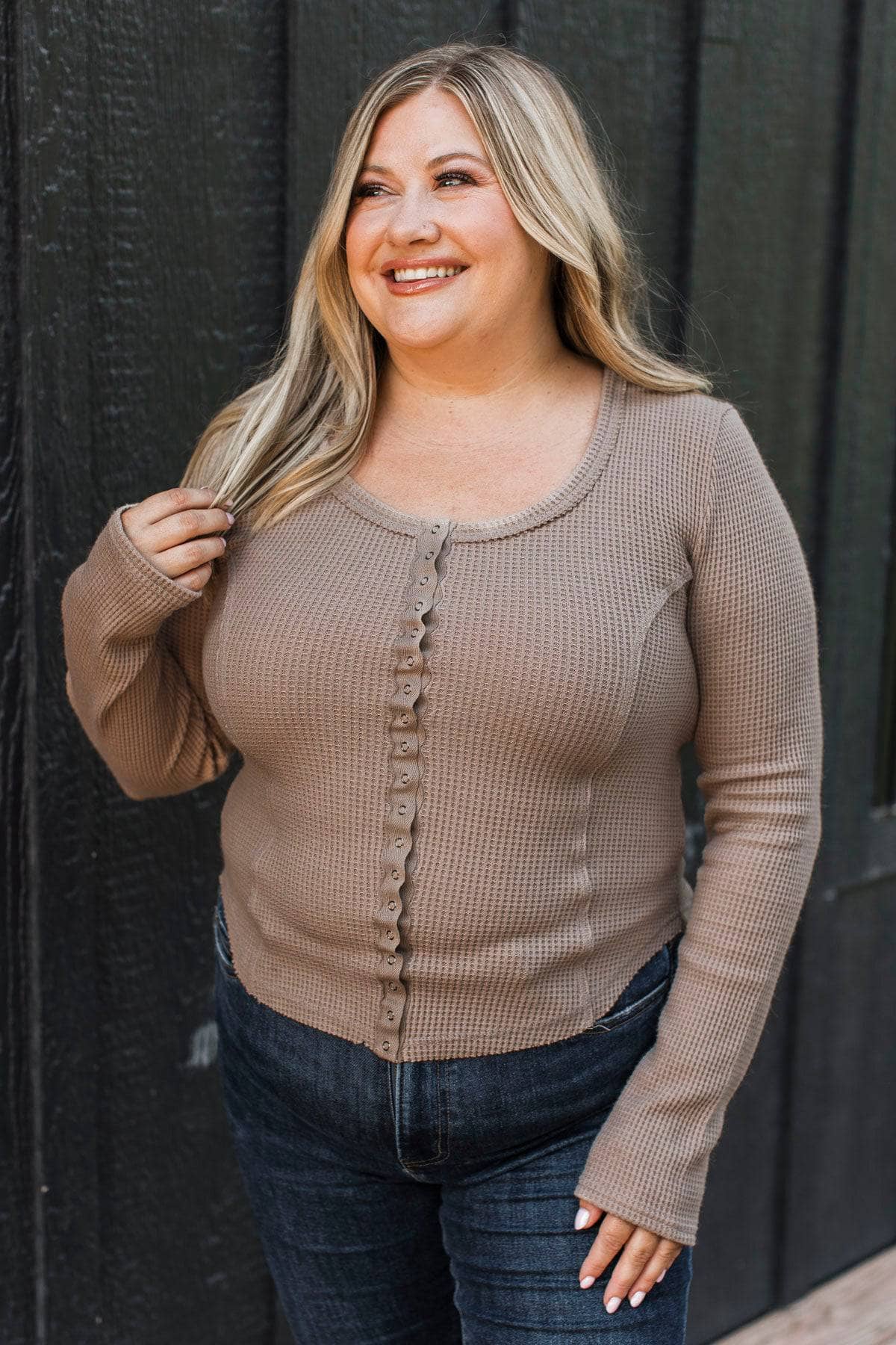 Let’s Unwind Long Sleeve Waffle Top- Light Mocha - Image 3