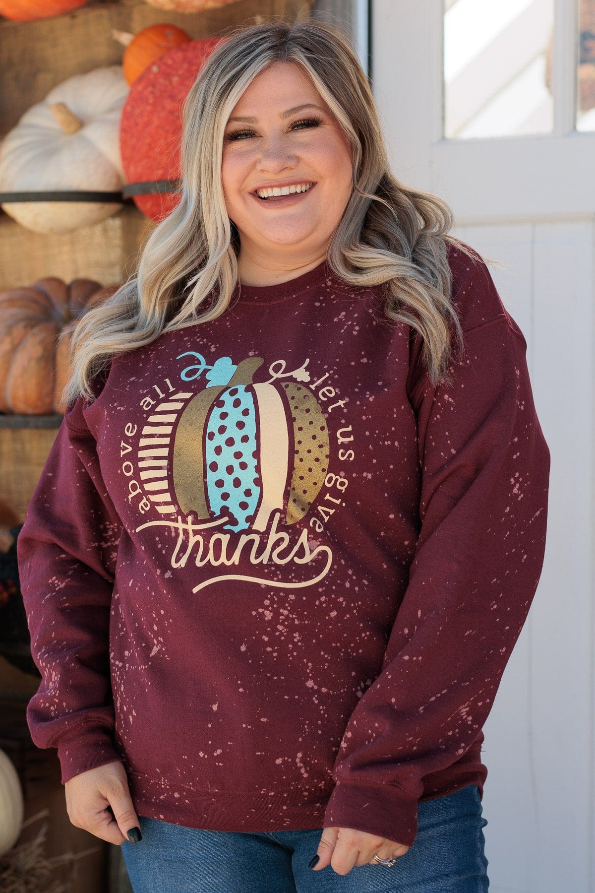 "Let Us Give Thanks" Graphic Crew Neck- Burgundy - Image 3