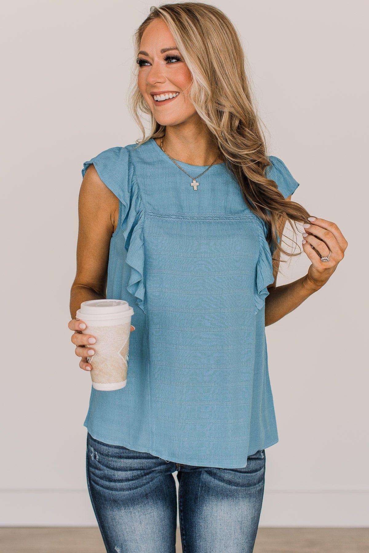 Let You Know Flutter Sleeve Blouse- Dusty Blue - Image 3