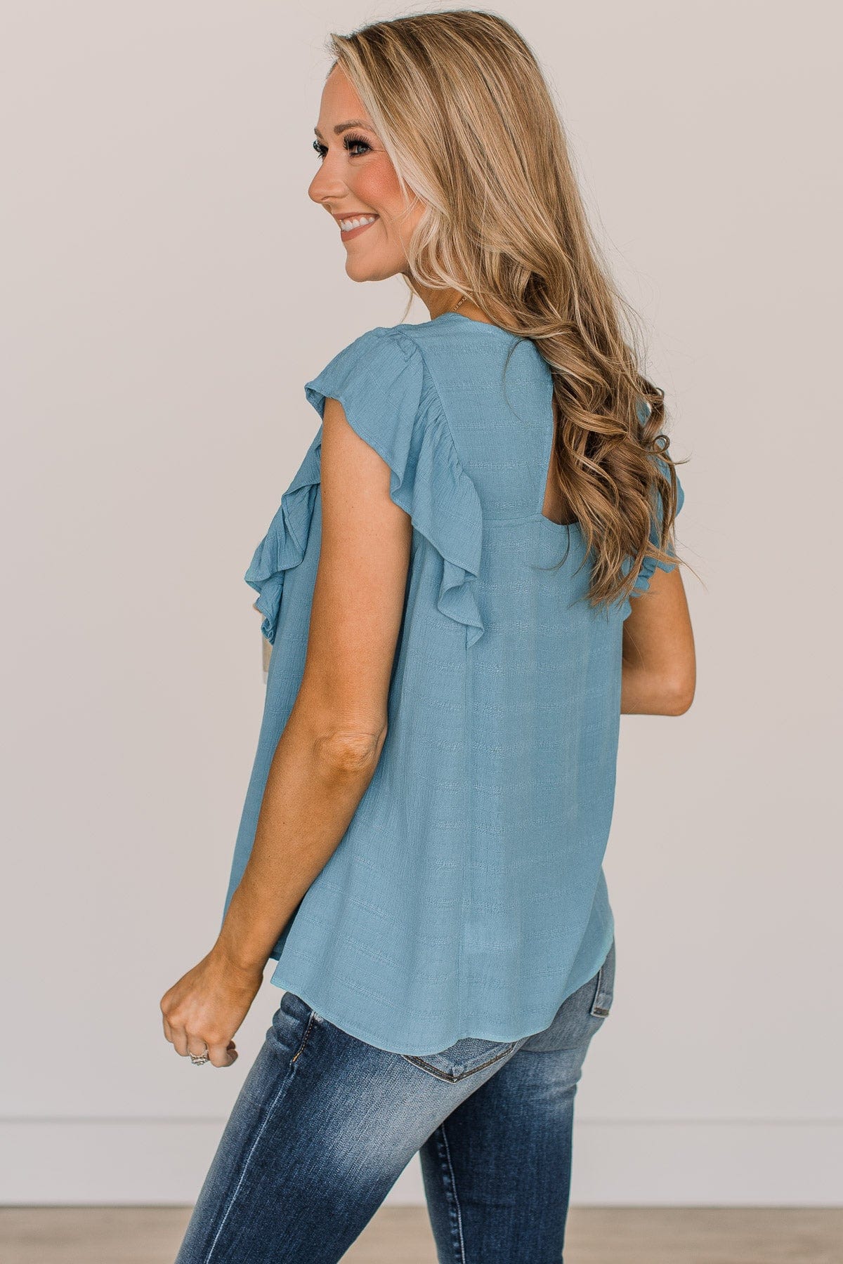 Let You Know Flutter Sleeve Blouse- Dusty Blue - Image 5