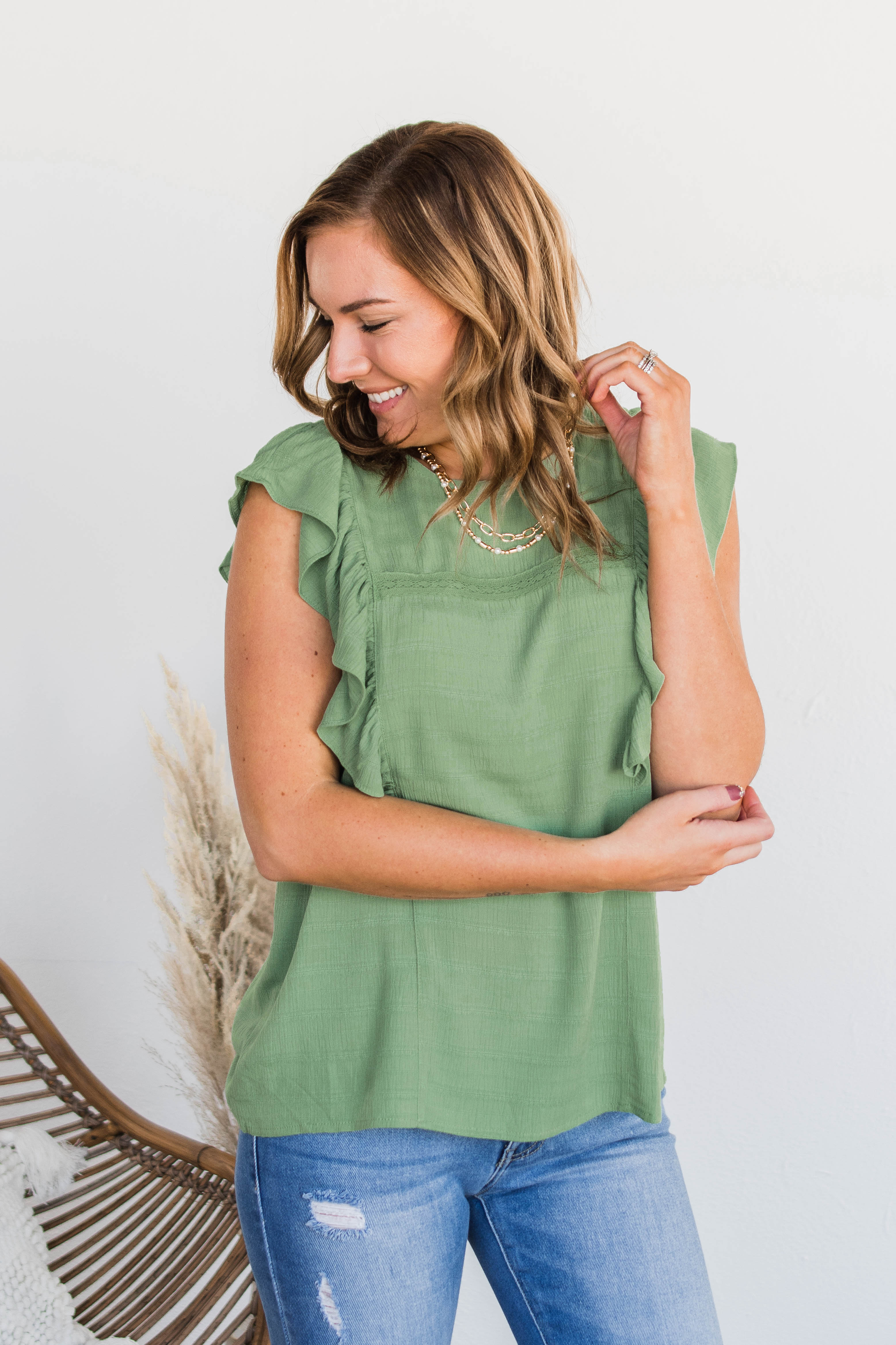 Let You Know Flutter Sleeve Blouse- Sage - Image 4
