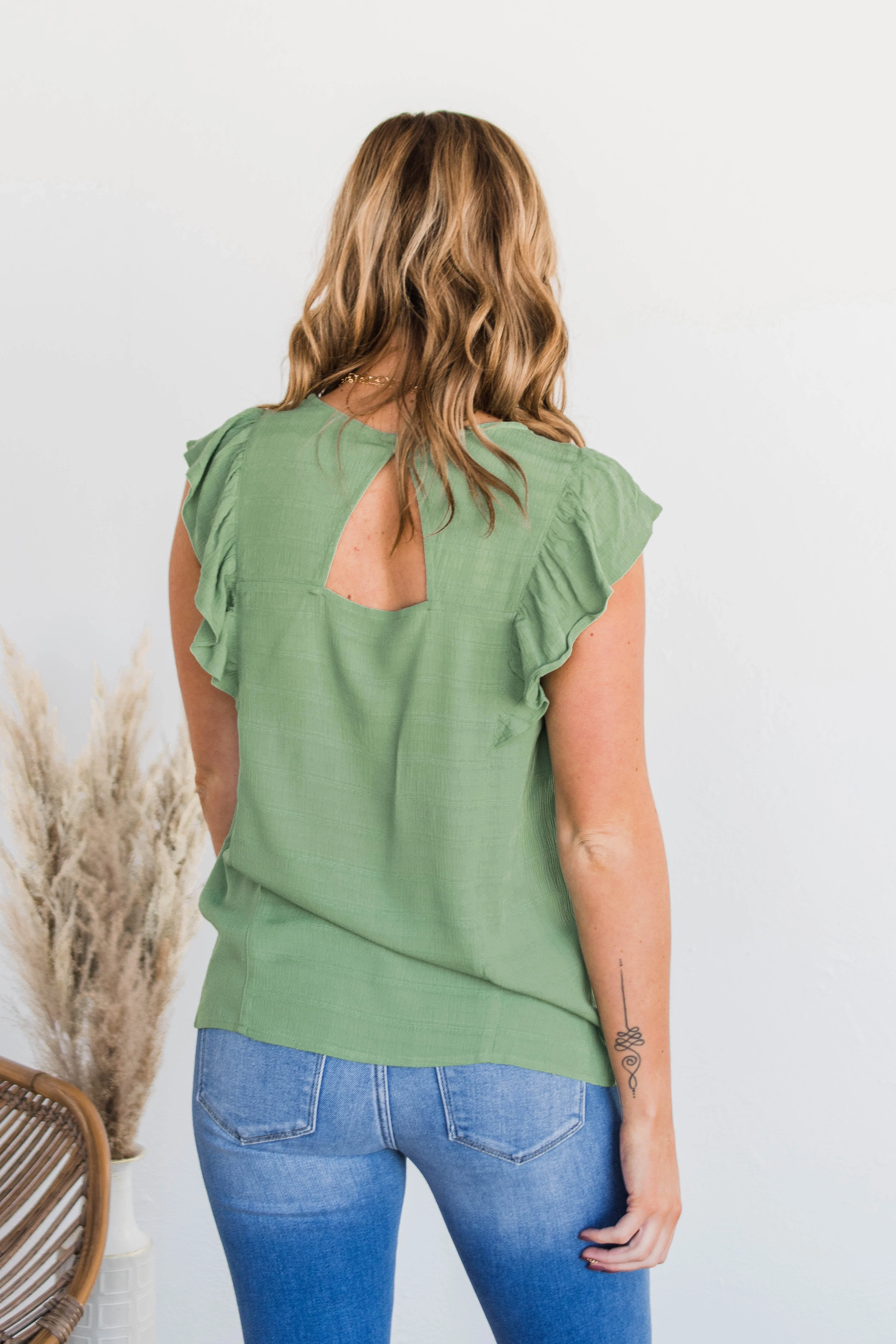 Let You Know Flutter Sleeve Blouse- Sage - Image 8