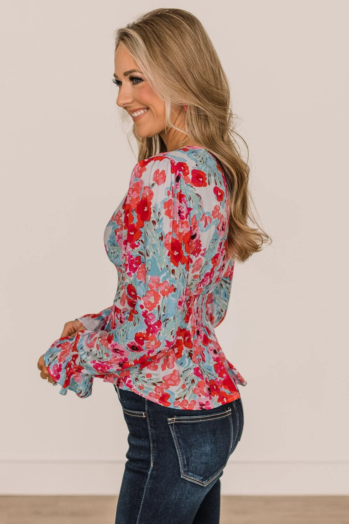 Let Yourself Shine Floral Peplum Blouse- Ivory, Hot Pink, & Blue - Image 3