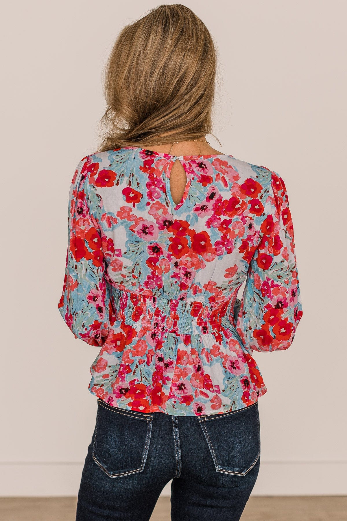 Let Yourself Shine Floral Peplum Blouse- Ivory, Hot Pink, & Blue - Image 4