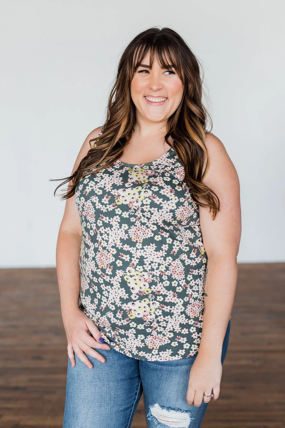 Let's Begin Again Floral Tank Top- Deep Sage - Image 5