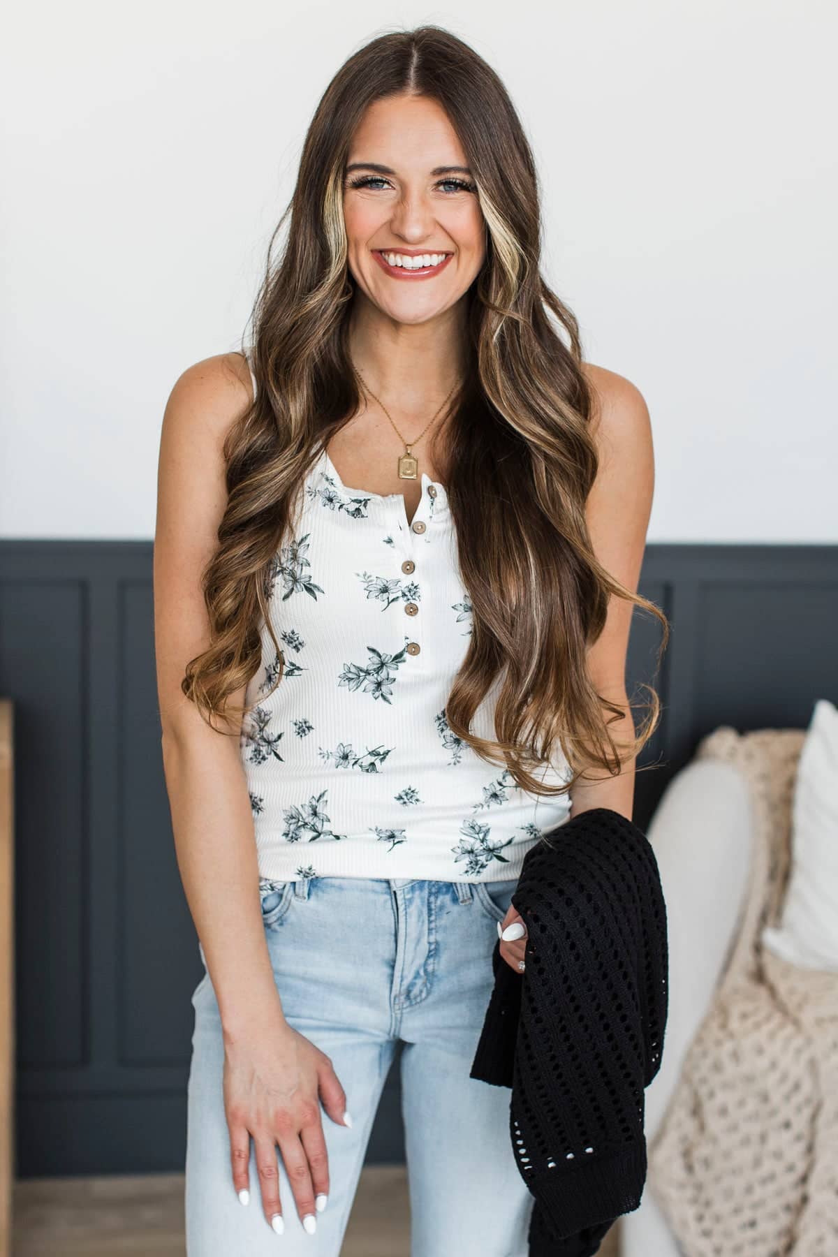 Let's Find Out Floral Henley Tank Top- White & Black - Image 2