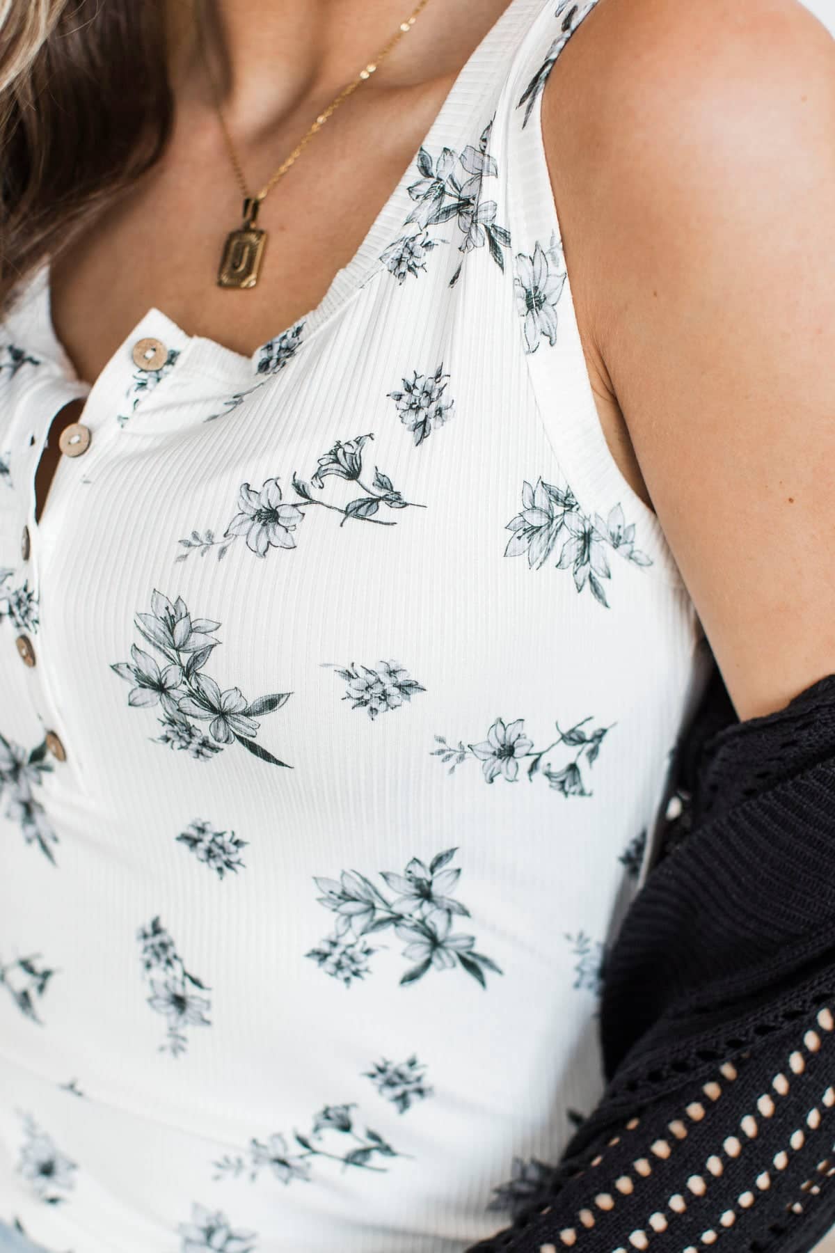 Let's Find Out Floral Henley Tank Top- White & Black - Image 3