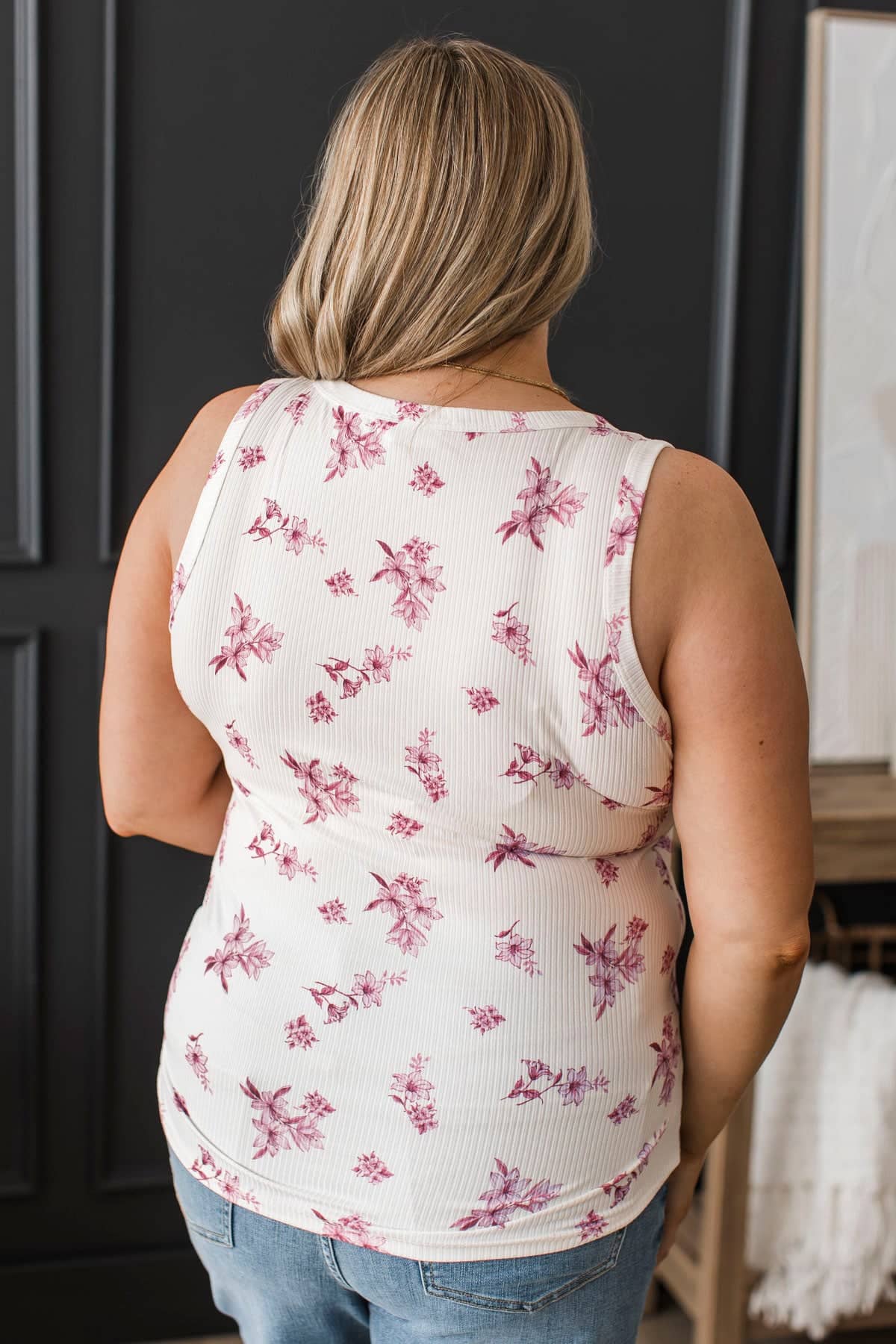 Let's Find Out Floral Henley Tank Top- White & Magenta - Image 6
