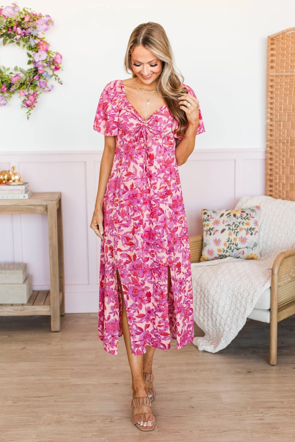 Let's Go Dancing Floral Midi Dress- Peach & Orchid - Image 2