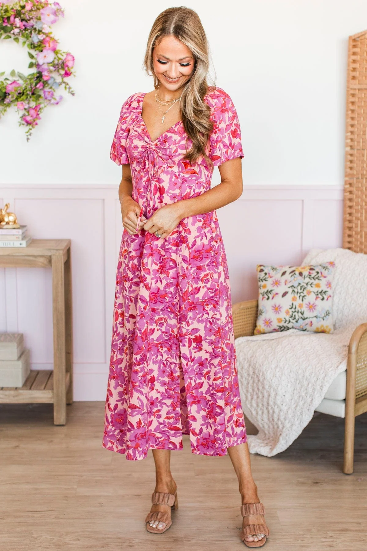 Let's Go Dancing Floral Midi Dress- Peach & Orchid - Image 5