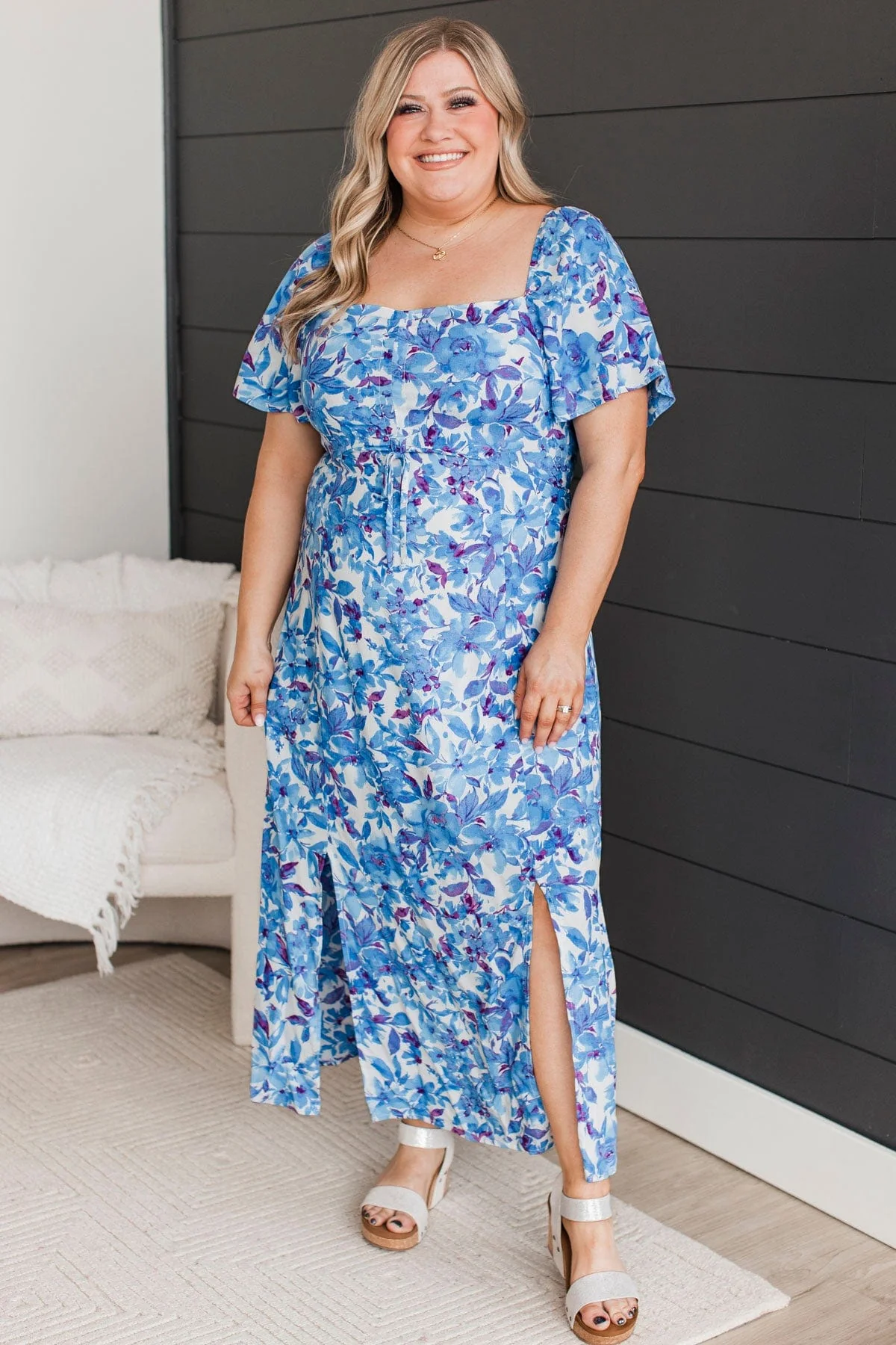 Let's Go Dancing Floral Midi Dress- Royal Blue & Ivory - Image 2