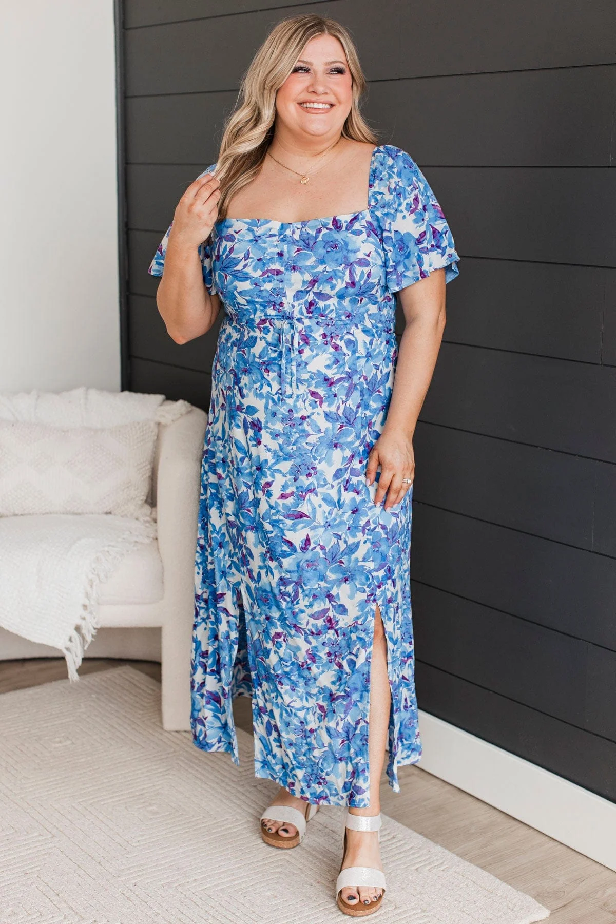 Let's Go Dancing Floral Midi Dress- Royal Blue & Ivory - Image 4