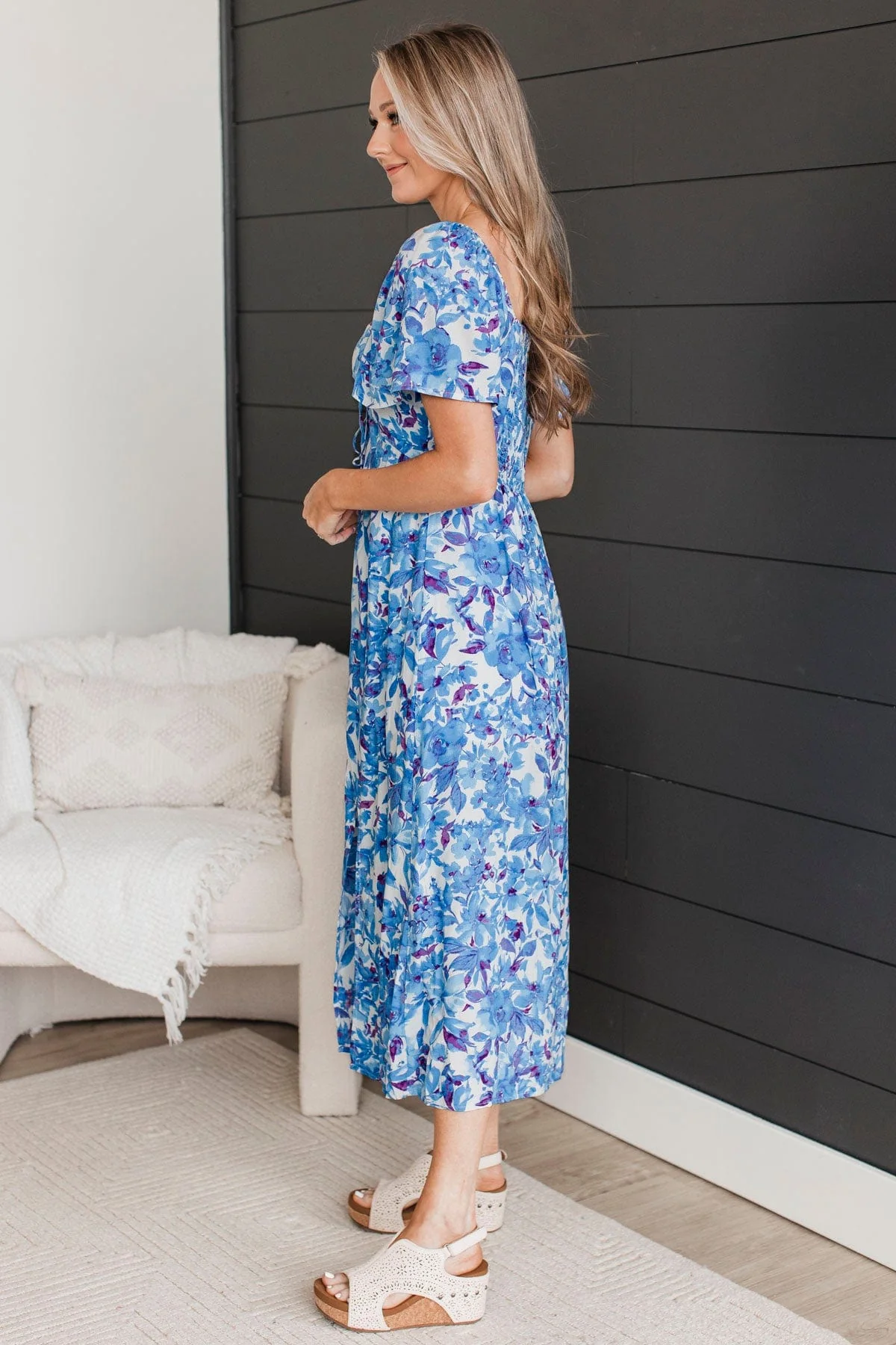 Let's Go Dancing Floral Midi Dress- Royal Blue & Ivory - Image 7