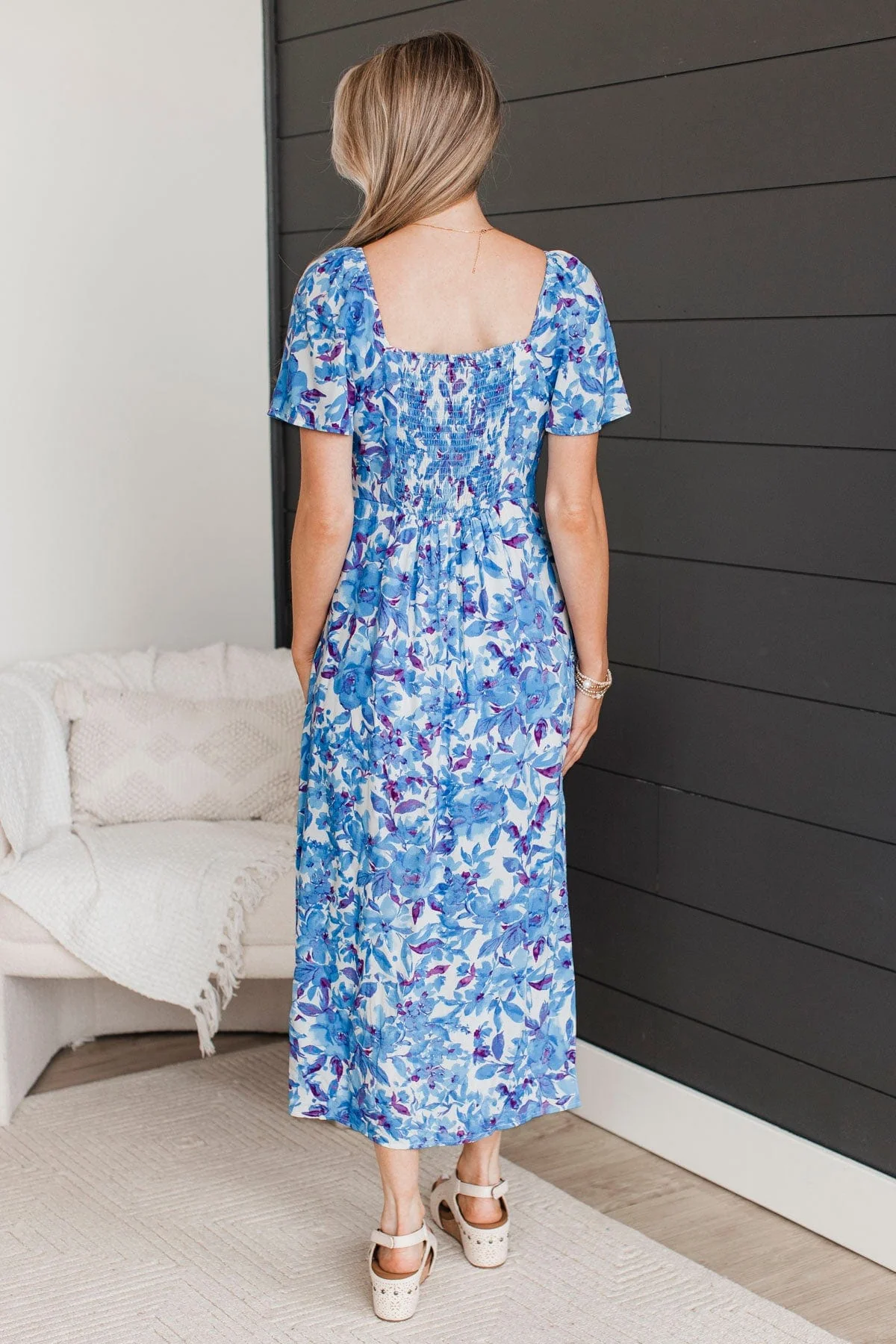 Let's Go Dancing Floral Midi Dress- Royal Blue & Ivory - Image 9