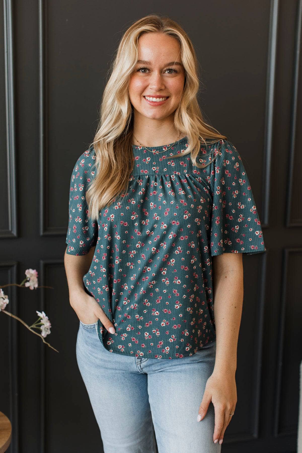 Life Full of Love Floral Top- Dark Teal - Image 3