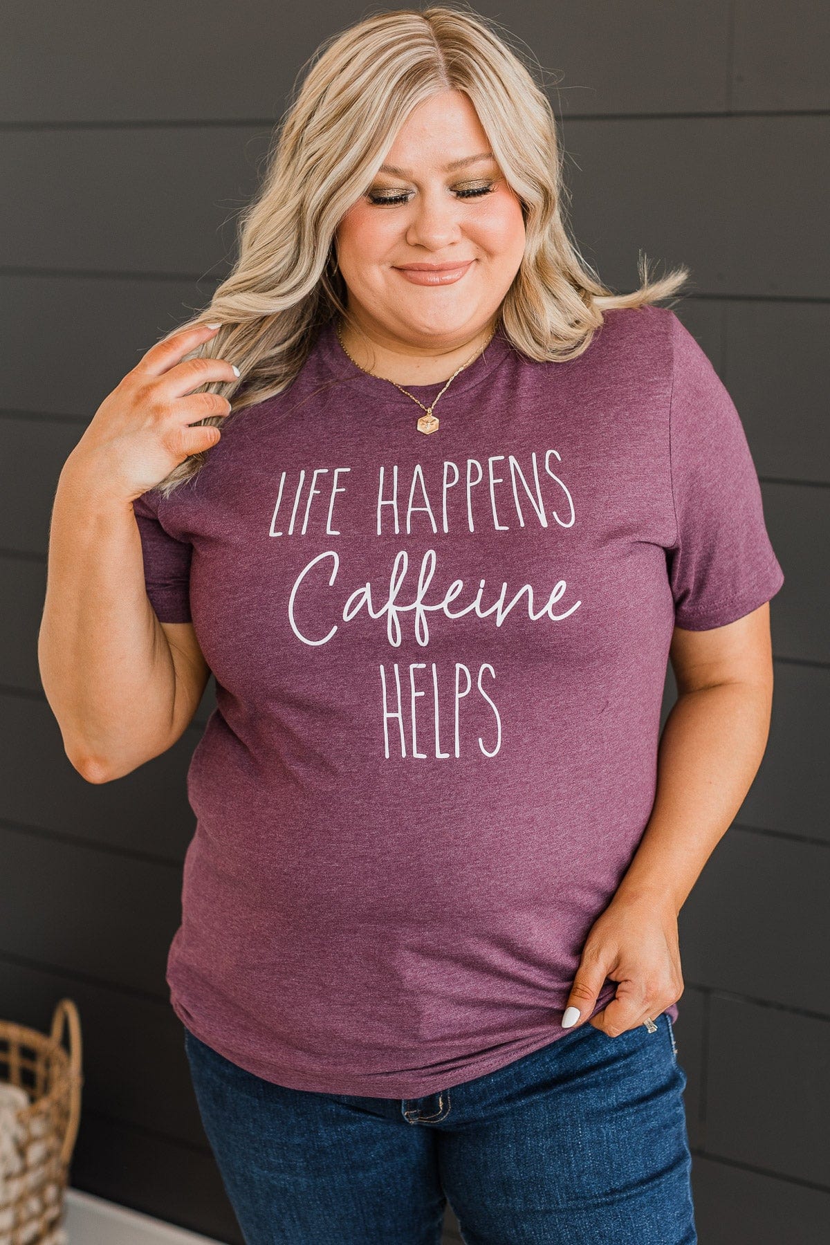 "Life Happens, Caffeine Helps" Graphic Tee- Plum - Image 2