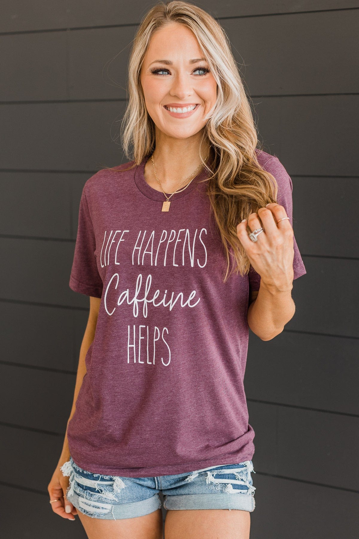 "Life Happens, Caffeine Helps" Graphic Tee- Plum - Image 3
