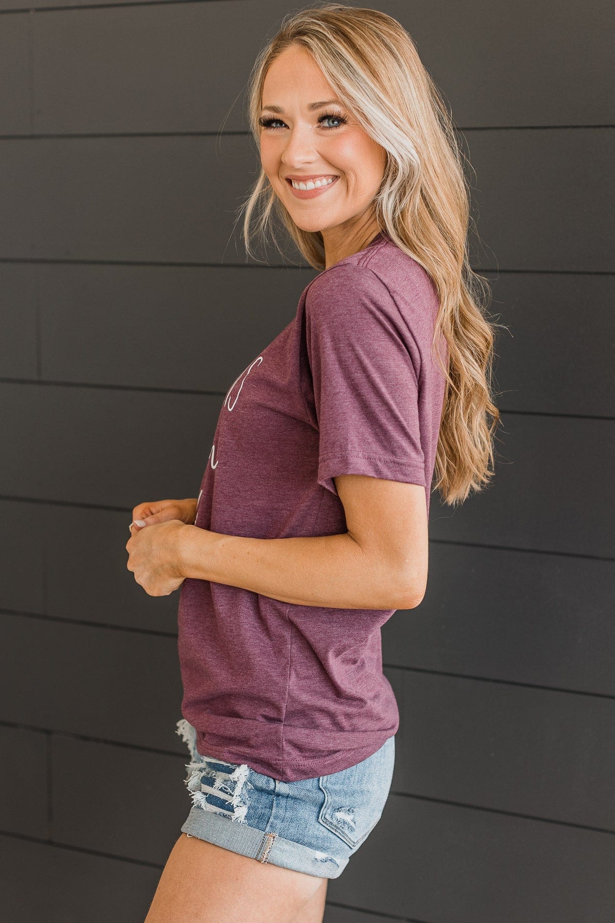 "Life Happens, Caffeine Helps" Graphic Tee- Plum - Image 5