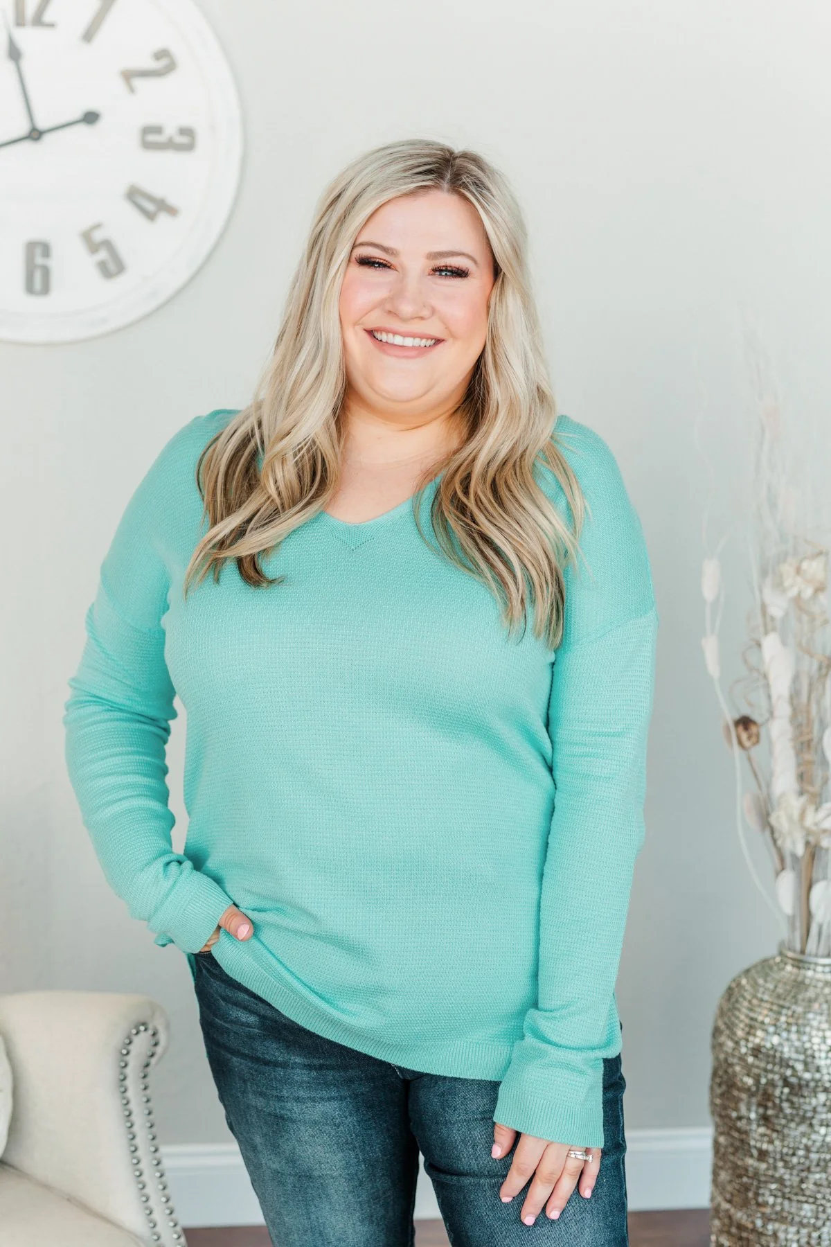 Life In Full Bloom V-Neck Knit Top- Aqua Blue - Image 16