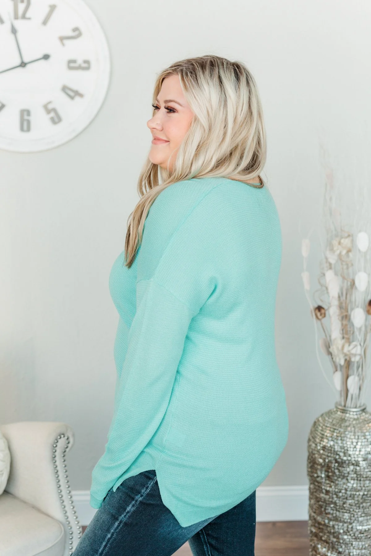 Life In Full Bloom V-Neck Knit Top- Aqua Blue - Image 17