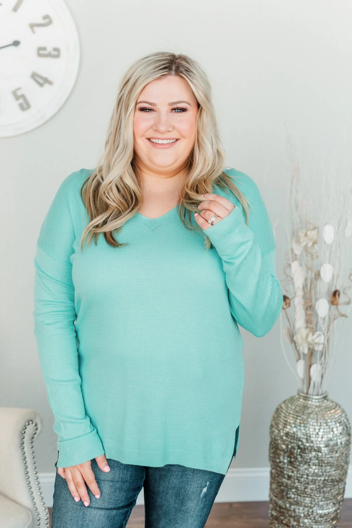 Life In Full Bloom V-Neck Knit Top- Aqua Blue - Image 5