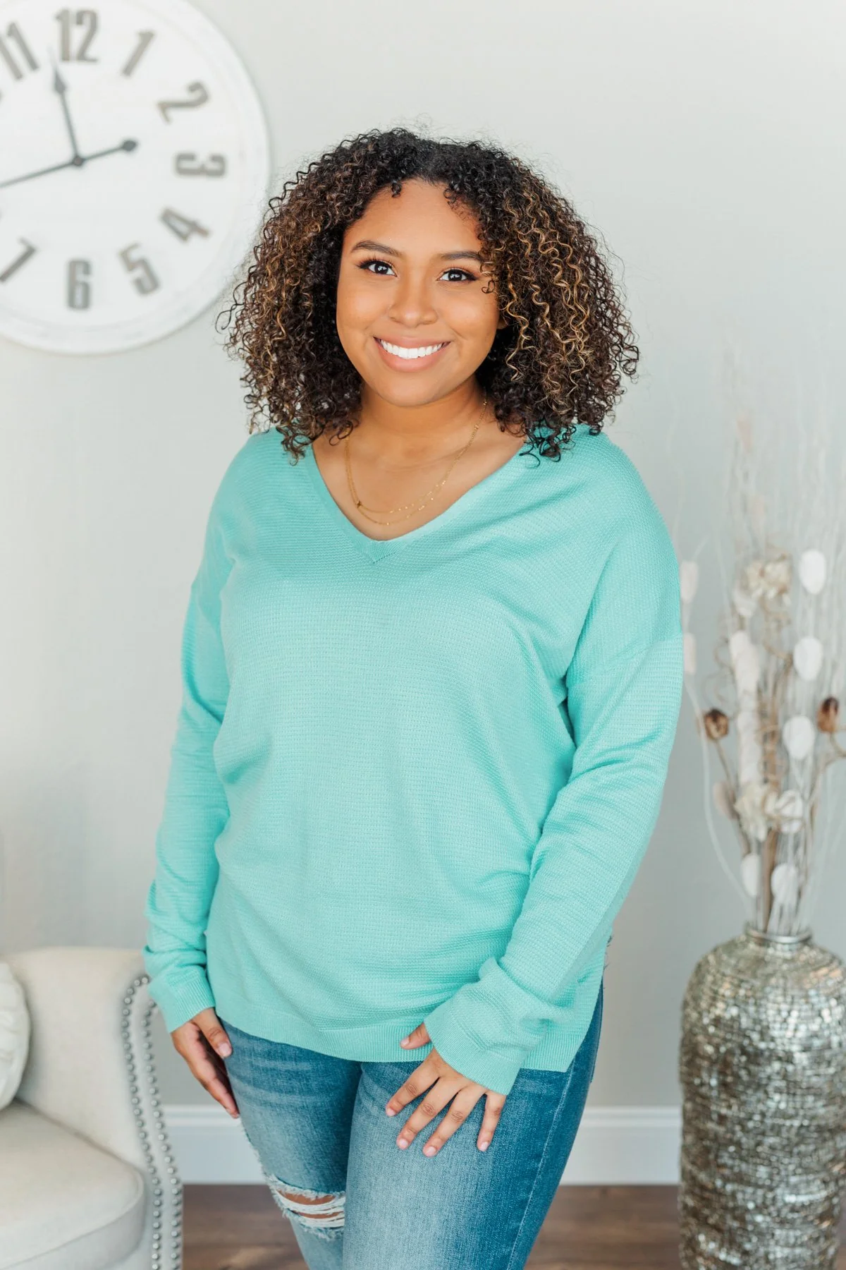 Life In Full Bloom V-Neck Knit Top- Aqua Blue - Image 6