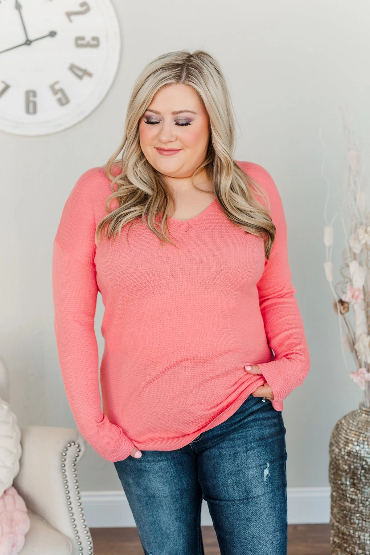 Life In Full Bloom V-Neck Knit Top- Coral - Image 2