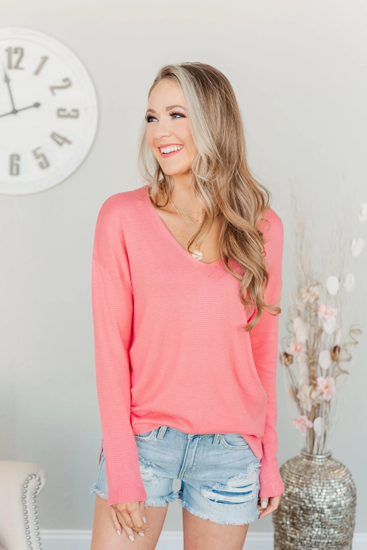 Life In Full Bloom V-Neck Knit Top- Coral - Image 6