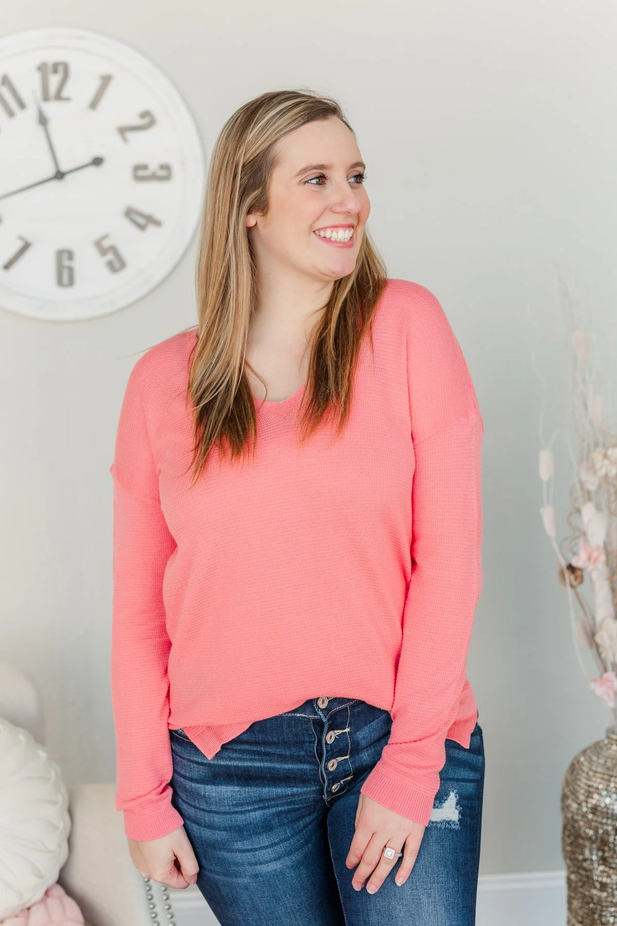 Life In Full Bloom V-Neck Knit Top- Coral - Image 7