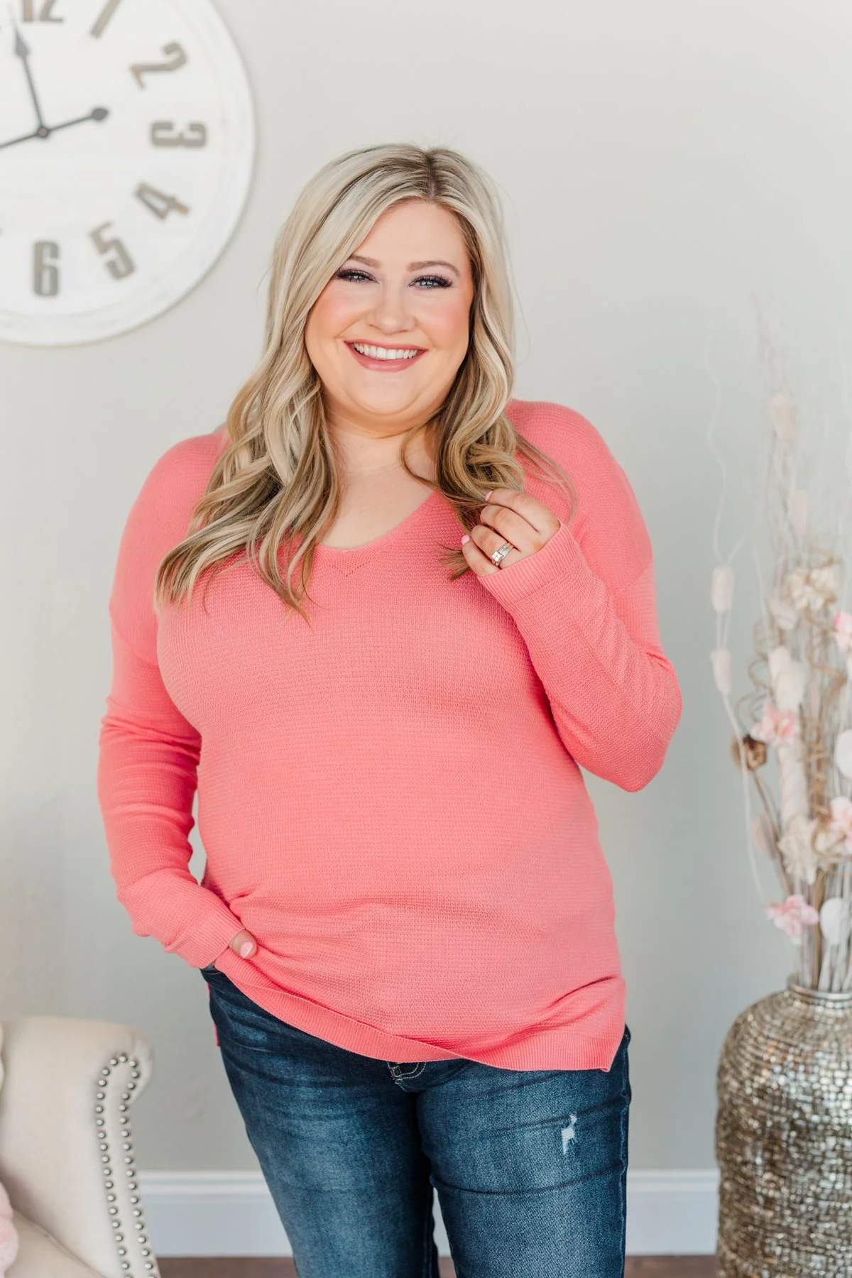 Life In Full Bloom V-Neck Knit Top- Coral - Image 8