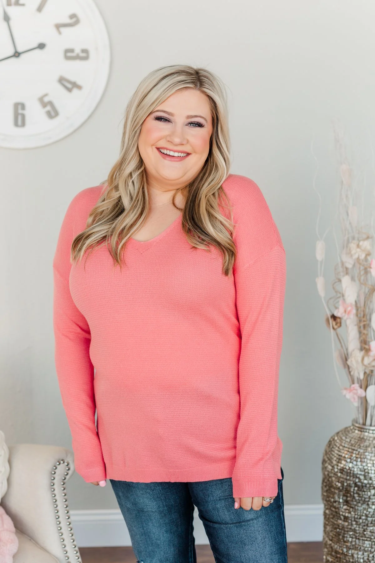 Life In Full Bloom V-Neck Knit Top- Coral - Image 9