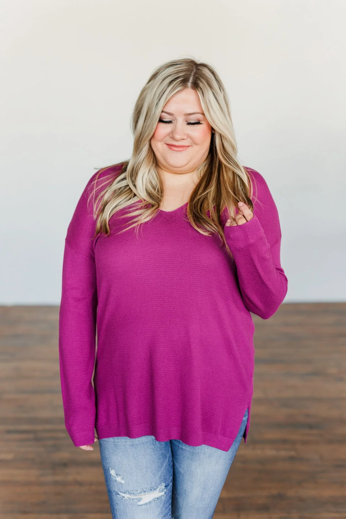 Life In Full Bloom V-Neck Knit Top- Magenta - Image 3